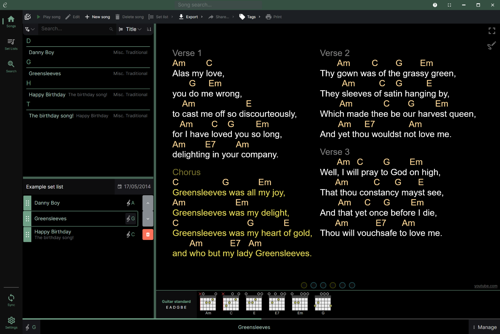 Chordle app showing song library and set list