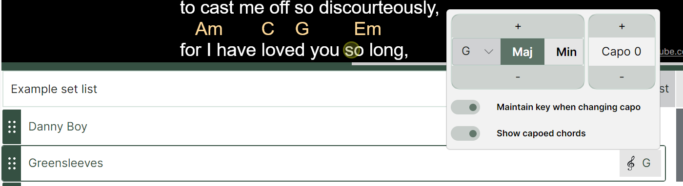 A screenshot of the Chordle app showing the key and capo picker menu overlaying the set list panel next to the song entry for &lsquo;Greensleeves&rsquo;.