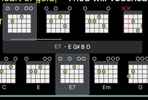 A screenshot of the Chordle &lsquo;Chord variations&rsquo; interface. The selected chord is Am, and various fingering options are displayed.