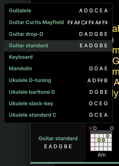 A screenshot of a dropdown menu for selecting instruments and tunings. The highlighted option is &ldquo;Guitar standard E A D G B E&rdquo;. Other options listed with their tunings are Guitalele (A D G C E A), Guitar Curtis Mayfield (F# A# C# F# A# F#), Guitar drop-D (D A D G B E), Keyboard, Mandolin (G D A E), Ukulele D-tuning (A D F# B), Ukulele baritone G (D G B E), Ukulele slack-key (G C E G), and Ukulele standard C (G C E A). Below the menu is a display showing the selected guitar tuning next to a fretboard diagram for an Am chord.