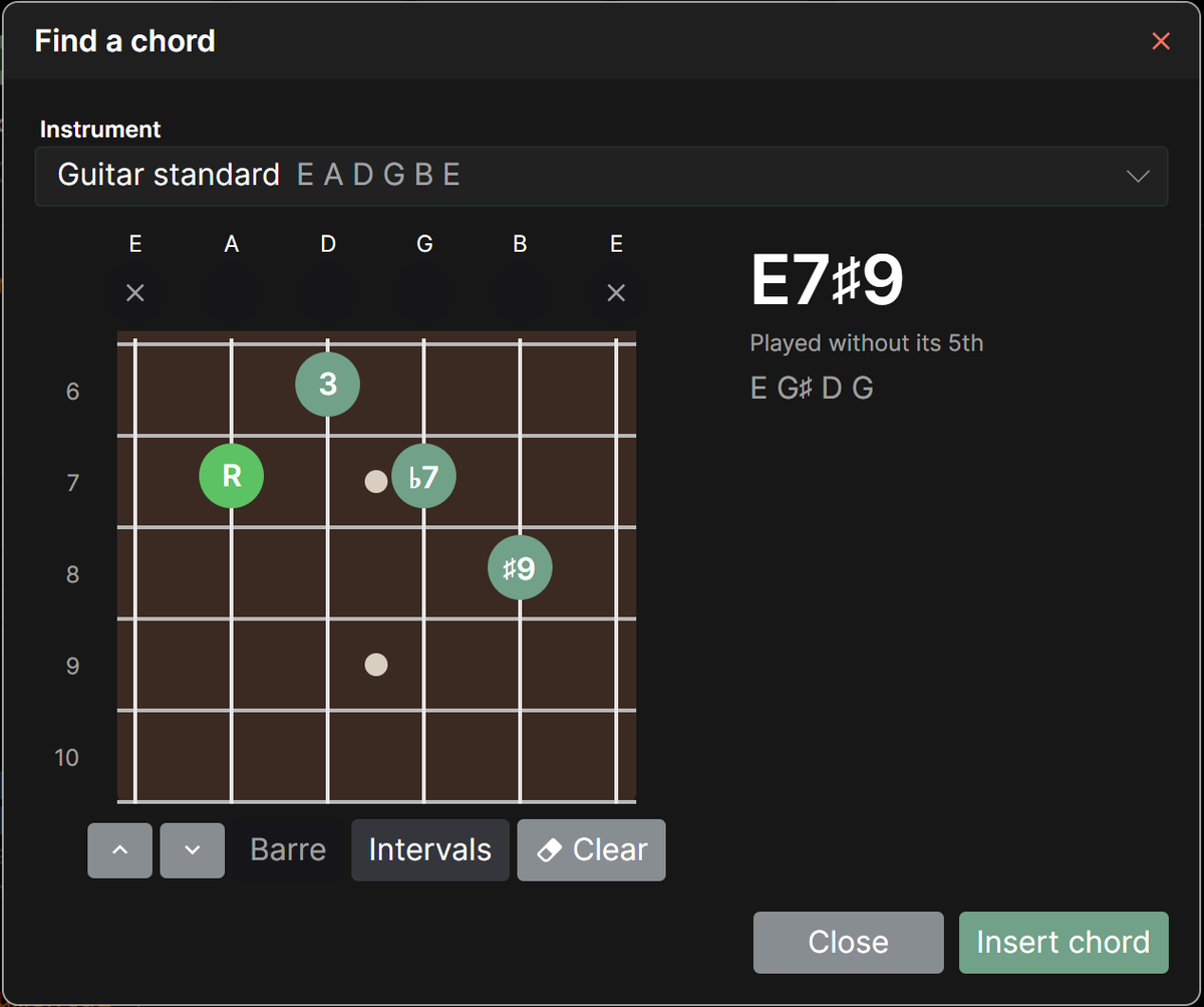 The chord finder showing the E7♯9 chord, played x7678x between frets 6 and 10. With Intervals turned on, the fingers are labelled R on the A string, 3 on the D string, ♭7 on the G string and ♯9 on the B string. The chord is marked as played without its 5th.