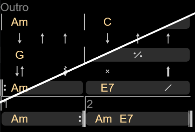 A chord grid titled Outro, drawn as blocks. Each bar is a rounded panel containing chords, with strum arrows between rows, repeat marks, and numbered endings.