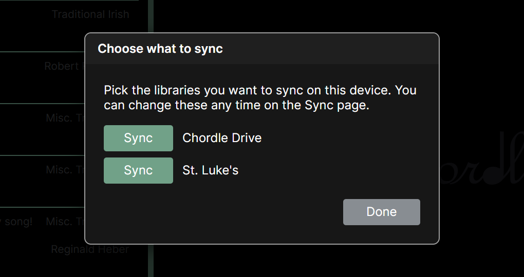 The “Choose what to sync” dialog, with a Sync button next to Chordle Drive and another next to a group called St. Luke’s