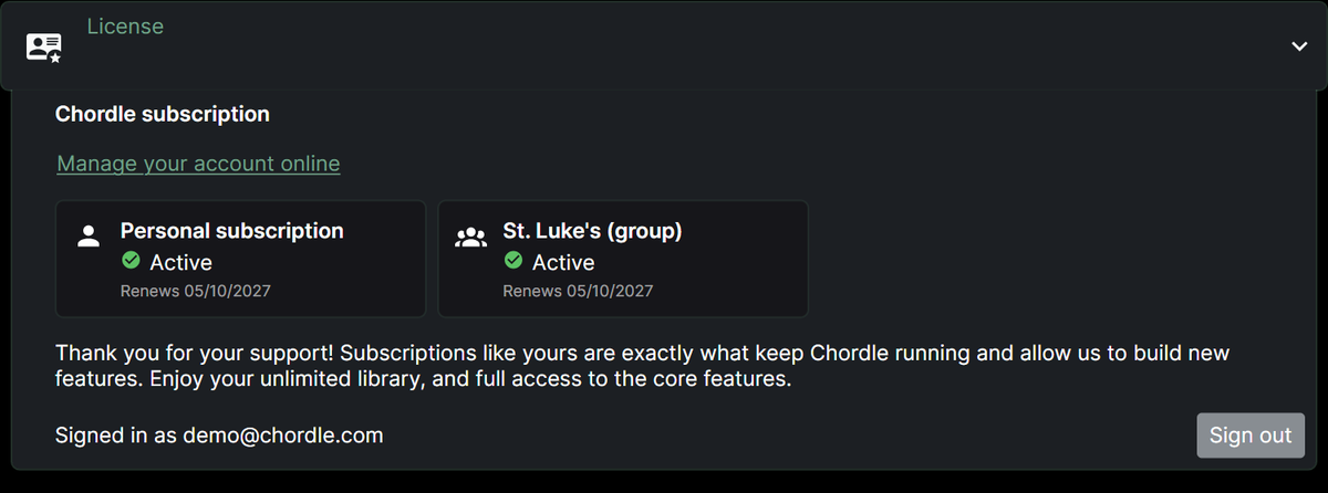The License section of Settings, showing an active Personal subscription and group, and “Signed in as demo@chordle.com” above a Sign out button