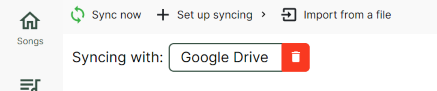 Screenshot showing the text &ldquo;Syncing with&rdquo; and a box with Google Drive in it. A red delete button is on the right of the box, allowing for the removal of syncing with that service