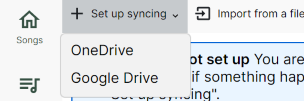 Screenshot of the &ldquo;Set up syncing&rdquo; drop down menu in the syncing toolbar. Options are OneDrive and Google Drive.