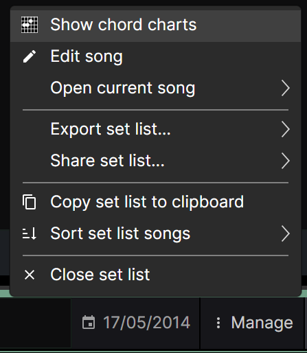 The &ldquo;Manage&rdquo; context menu in Chordle, found by tapping on the manage button, with three vertical dots next to the playing set list. Options include: edit the song, exporting, sharing, copying the set list to the clipboard, sorting and closing the set list.