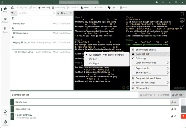 The Chordle player with the set list docked at the bottom and the Manage menu open, showing the Dock set list options for choosing bottom, left or right