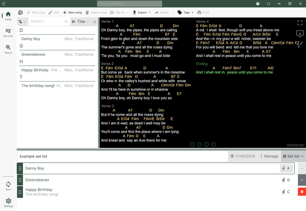 The Chordle song library with the currently playing set list docked along the bottom of the screen with the player controls