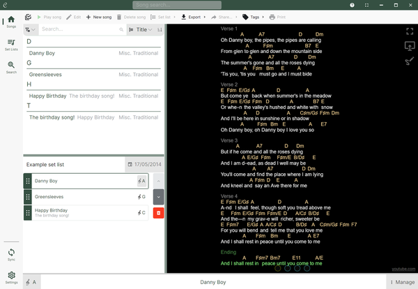 The Chordle song library with the currently playing set list docked to the left, underneath the song library list