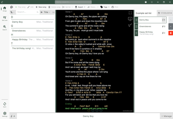 The Chordle song library with the currently playing set list docked to the right, sitting beside the song content