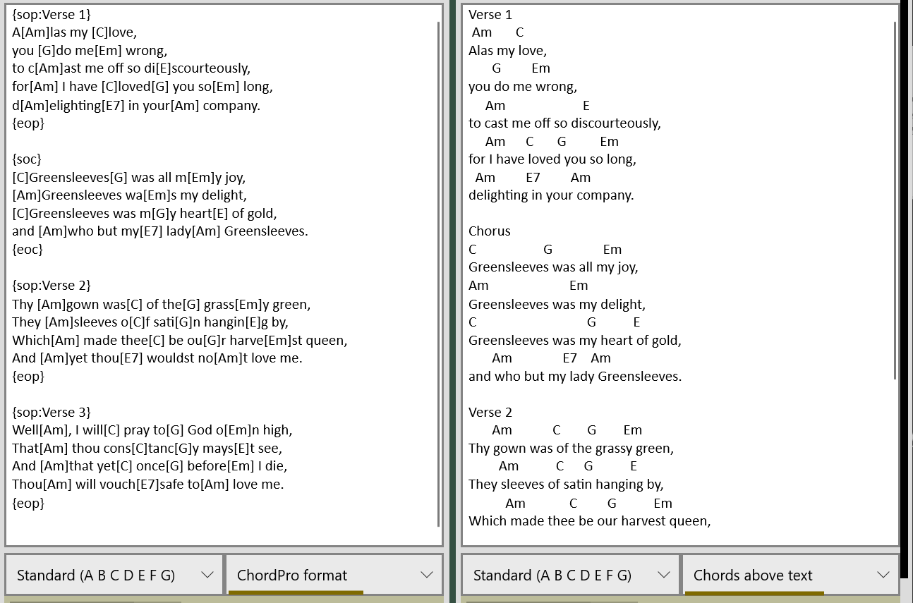 Screenshot of a comparison between editing ChordPro and Chords above text
