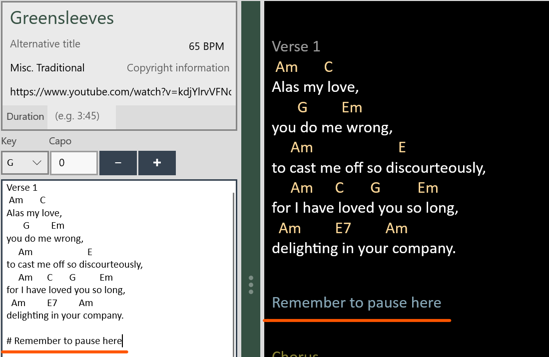 Screenshot showing comments in a song formatted with chords above text