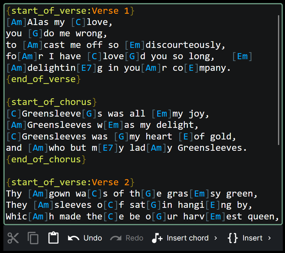 A screenshot of the ChordPro editor showing Greensleeves verse 1 and chorus