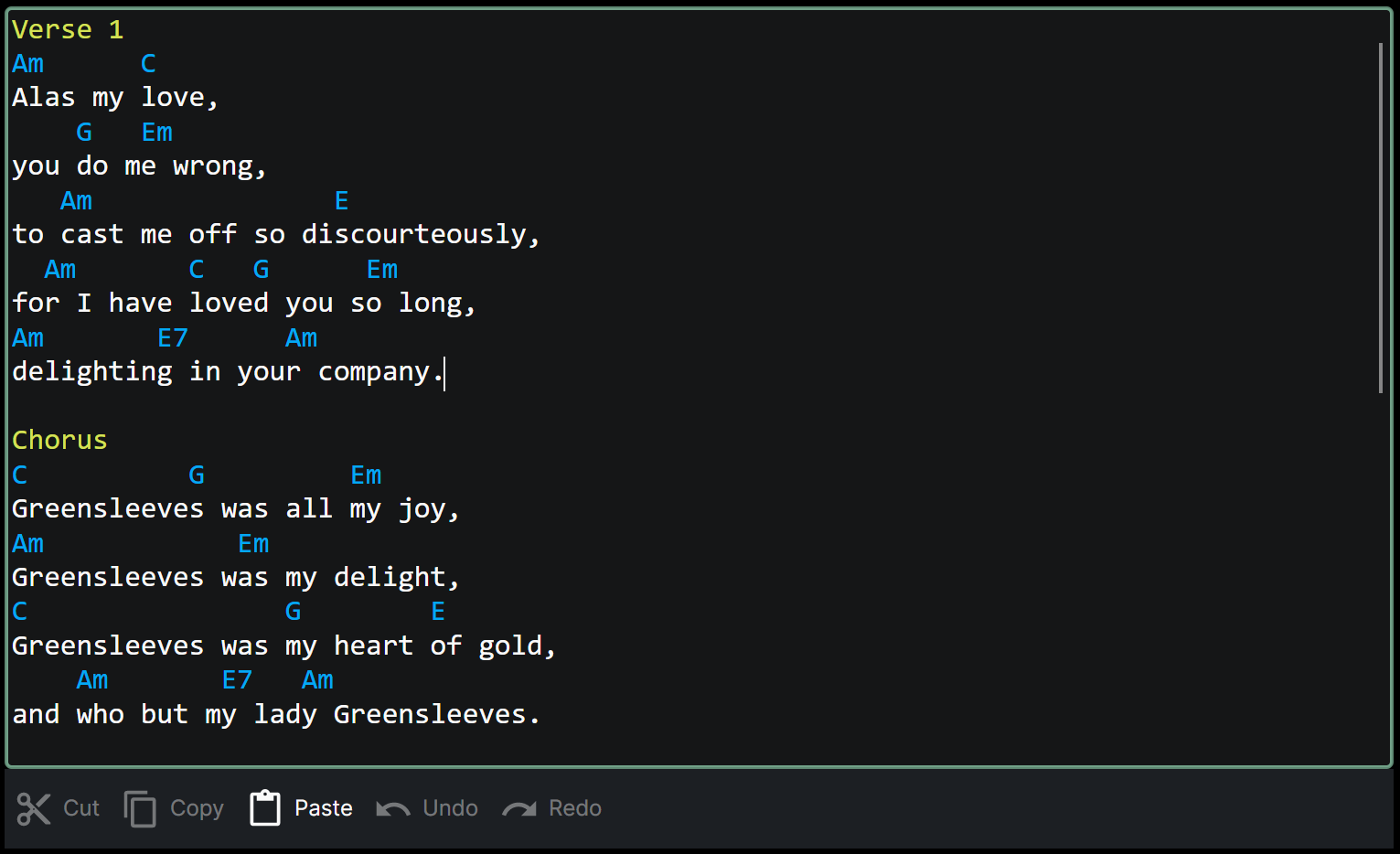 A screenshot of the chords above text editor showing Greensleeves verse 1 and chorus. A toolbar at the bottom has Cut, Copy Paste, Undo and Redo buttons