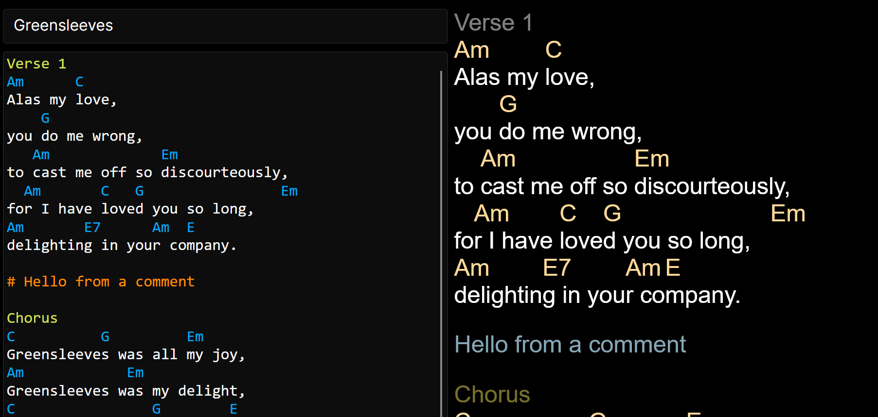 The song editor on the left and preview on the right, showing a comment line
