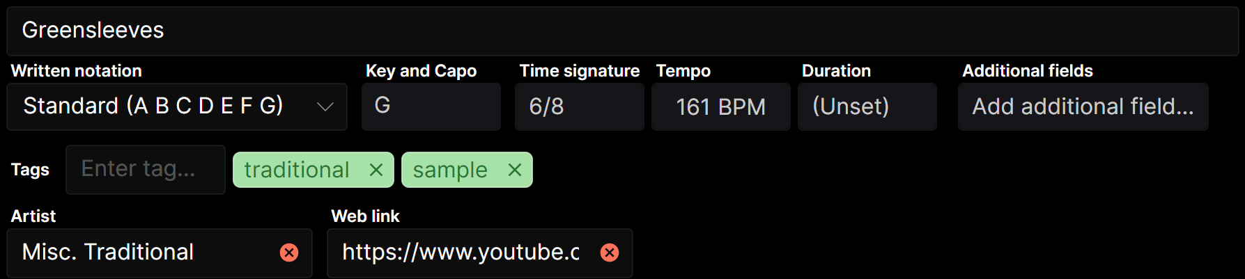 A screenshot of a song edit screen showing the metadata for &ldquo;Greensleeves&rdquo;. It displays specific musical settings: G Major key, 0 capo, 6/8 time signature, and a tempo of 161 BPM. It also features applied tags for &ldquo;traditional&rdquo; and &ldquo;sample&rdquo;, lists the artist as &ldquo;Misc. Traditional&rdquo;, and includes a YouTube web link.