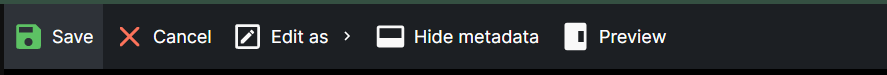 A screenshot of the song editor toolbar with the save button highlighted. Next to it is a Cancel button, the &ldquo;Edit as&rdquo; button, a button to Hide metadata and Preview the song