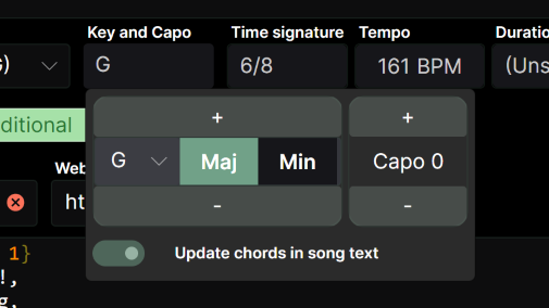 A screenshot of the key selector in the song editor. A data spinner and dropdown for the key is on the left, followed toggle buttons for major and minor and a capo selector. Underneath these is a toggle button labelled &ldquo;Update chords in song text&rdquo;