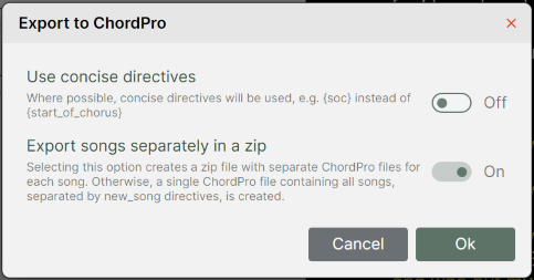 A Chordle &lsquo;Export to ChordPro&rsquo; dialog box featuring settings for using concise directives and exporting songs separately in a zip or in a single combined file.
