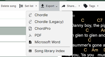A screenshot of the Song Library export menu in Chordle. Options shown are &ldquo;Chordle&rdquo;, &ldquo;Chordle Legacy&rdquo;, &ldquo;ChordPro&rdquo;, &ldquo;PDF&rdquo; and &ldquo;Microsoft Word&rdquo;. An additional option for exporting the entire song index to CSV is shown at the end.