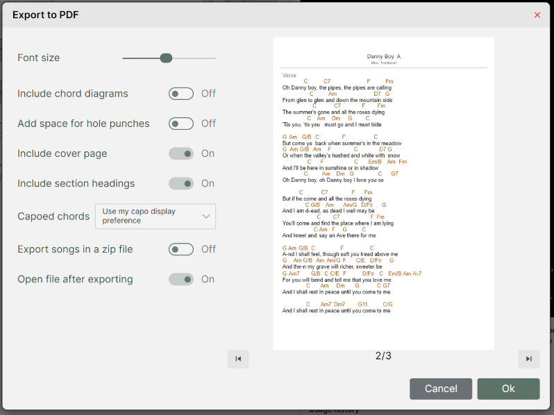 A Chordle &lsquo;Export to PDF&rsquo; dialog box featuring settings for font size, chord diagrams, hole punch space, cover pages, and section headings, alongside a live preview of the song &lsquo;Danny Boy&rsquo;.