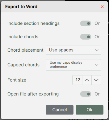 A Chordle &lsquo;Export to Microsoft Word&rsquo; dialog box featuring settings for including section heading, including chords, chord placement, capoed chords and font size.