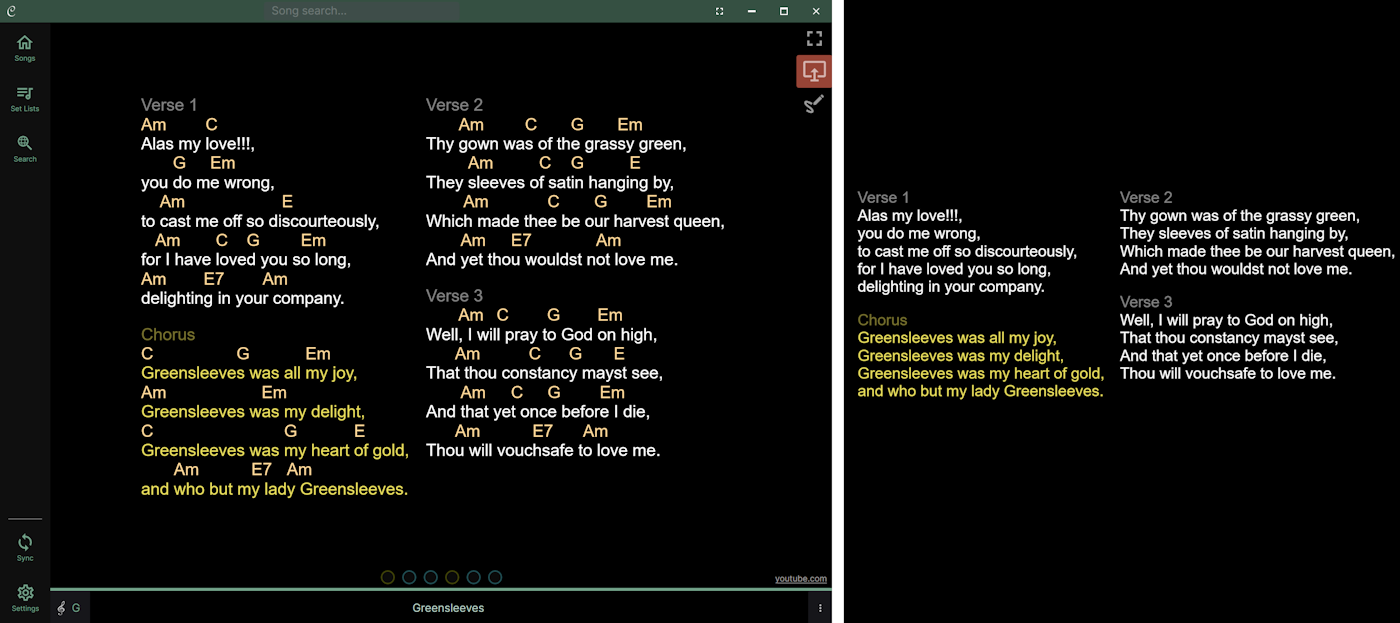 Photo showing a laptop running Chordle with an external monitor to the right. The external monitor shows just the lyrics of the current song, while the laptop screen shows the full Chordle interface with chords and other elements.