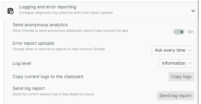 Screenshot of the Logging and Error reporting section of the settings pane, with a button in the bottom right labelled Send log report