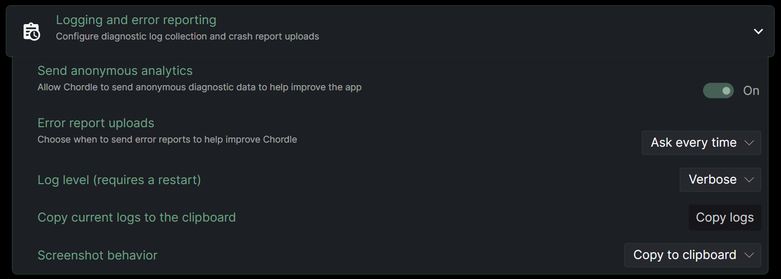 Screenshot of the Logging and error reporting settings section with the Copy logs button next to a “Copy current logs to the clipboard” label