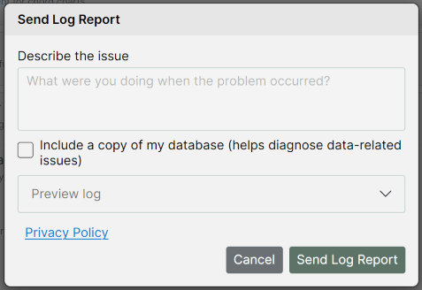 Screenshot of the Send Log Report dialog