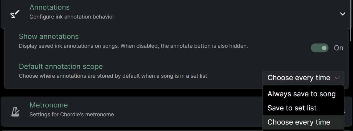 A screenshot showing the annotation settings, with options to change the default annotation scope shown as &ldquo;Choose every time&rdquo;, &ldquo;Save to set list&rdquo; and &ldquo;Always save to song&rdquo;. A separate option for hiding annotations altogether is visible.