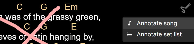 A screenshot showing the annotation target selection, with options to save annotations to the song or the set list