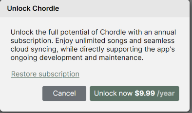 Screenshot of the Unlock Chordle dialog with buttons to Restore subscription, Cancel the dialog or Unlock now