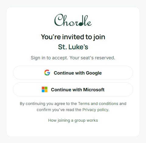 The invite page: “You’re invited to join St. Luke’s”, with buttons to continue with Google or Microsoft