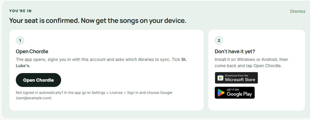 The group’s page after joining: “Your seat is confirmed. Now get the songs on your device”, with an Open Chordle button and links to install the app