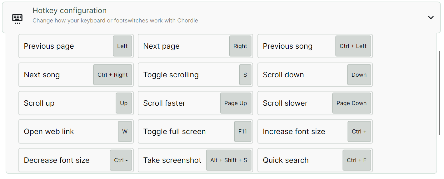 Screenshot of the various hotkeys that can be configured in Chordle under the “Hotkey configuration” settings section.