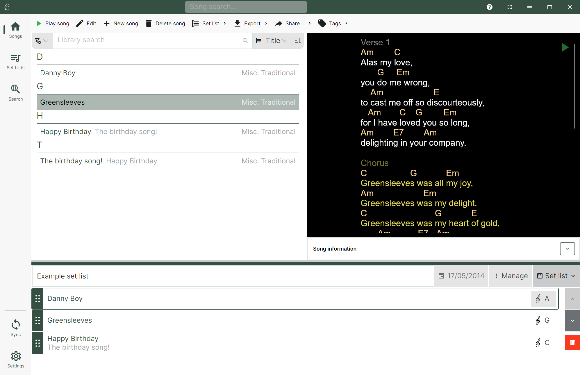 A general screenshot of the new Chordle UI with the current set list at the bottom of the screen and the navbar on the left. The current page is the song library, split into three parts. At the top is the song library toolbar, on the left is the song library itself and on the right is the song details pane.