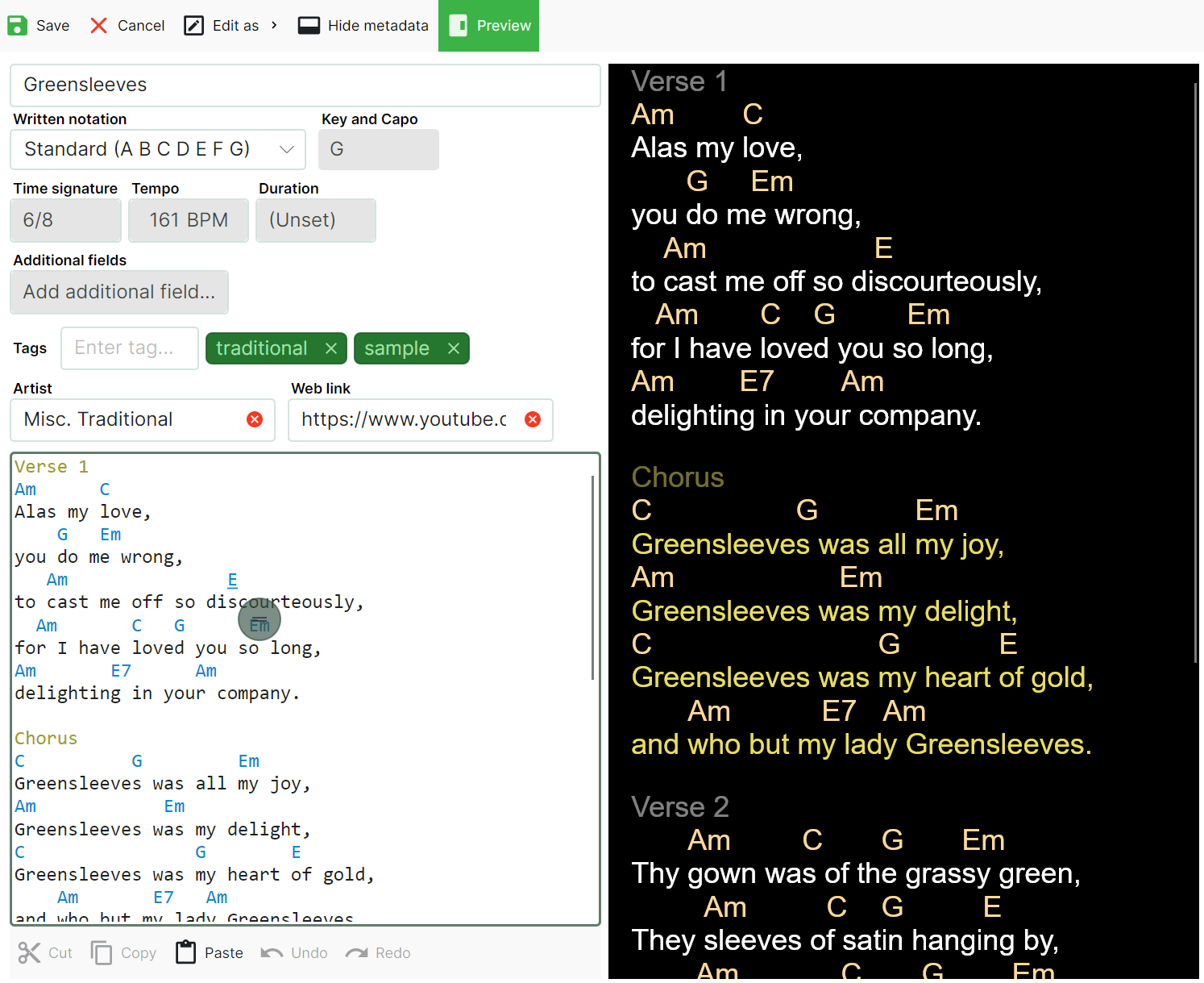 Screenshot of the new song editing experience