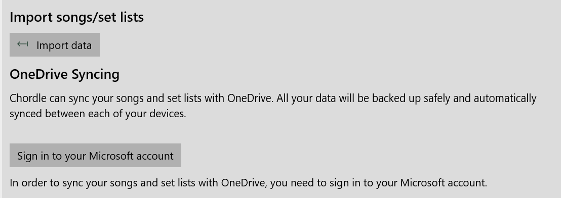 Screenshot of the sign in button for OneDrive syncing.