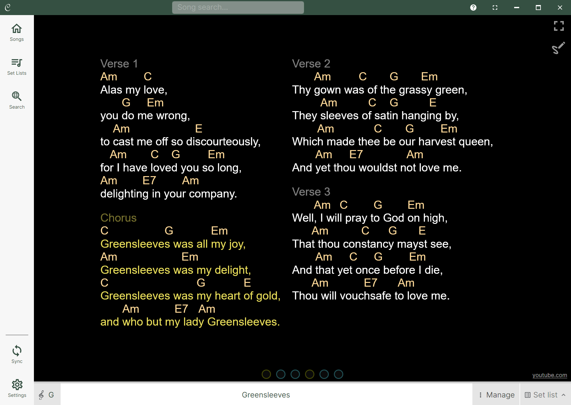Screenshot of the song player screen. The main part of the screen is taken up with the song itself, full screen and ink annotation buttons are in the top right and the player controls are on the bottom of the screen