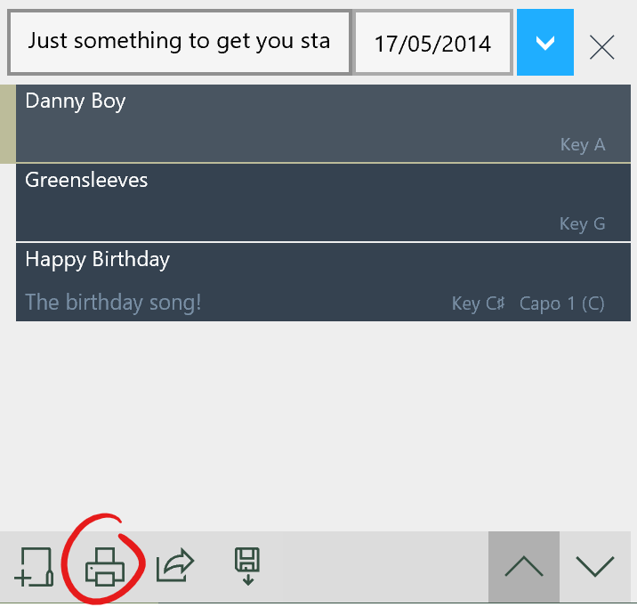 Screenshot showing the location of the print button in the current set list view.