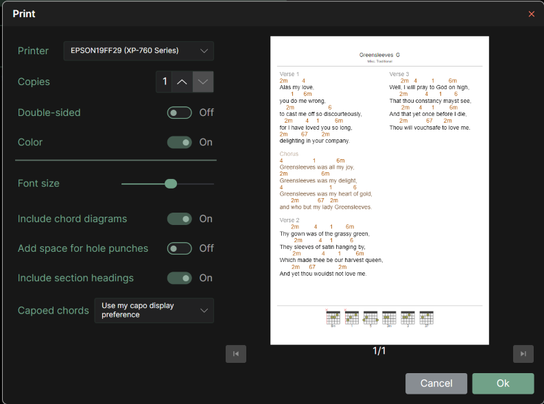 Printing songs and set lists