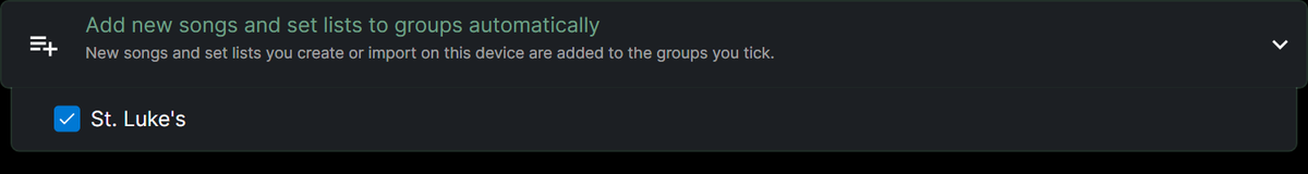 The &ldquo;Add new songs and set lists to groups automatically&rdquo; setting on the sync panel, with St. Luke&rsquo;s ticked