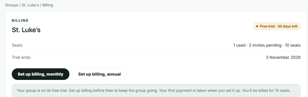 The Billing & seats page during the trial, with buttons to set up monthly or annual billing, a seat slider and an empty payment history