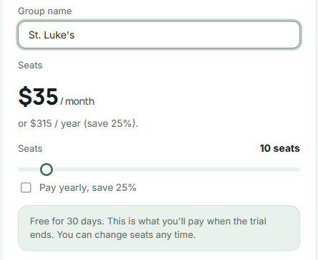The &ldquo;Create a Chordle group&rdquo; form, with the name St. Luke&rsquo;s, a price of $35 a month and a slider set to 10 seats