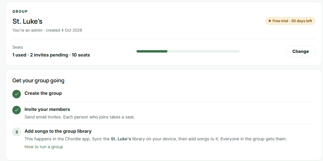 The group&rsquo;s page for St. Luke&rsquo;s, showing the trial end date, seats used and a &ldquo;Get your group going&rdquo; checklist