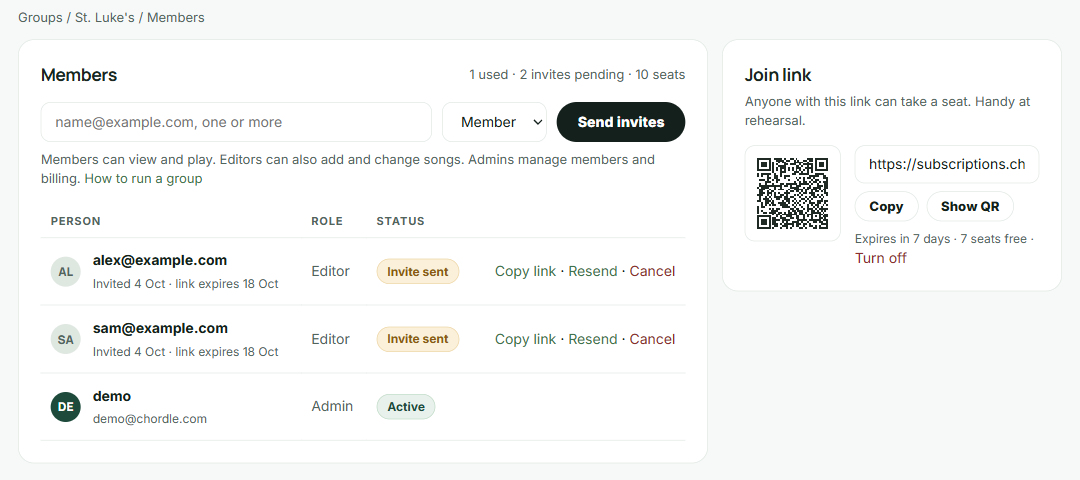 The Members page, with two pending editor invites, the admin, and a join link with its QR code