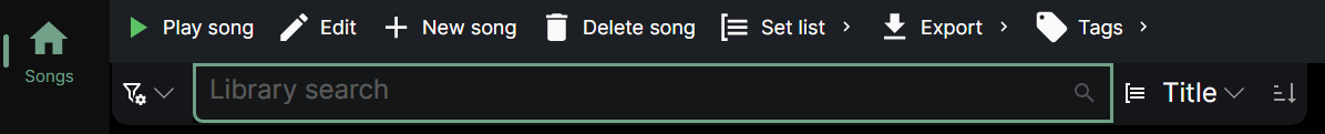 Screenshot of the library search bar. From left to right: a “filters” button, the Library search textbox, a sorting and grouping dropdown menu and an option for sorting ascending or descending
