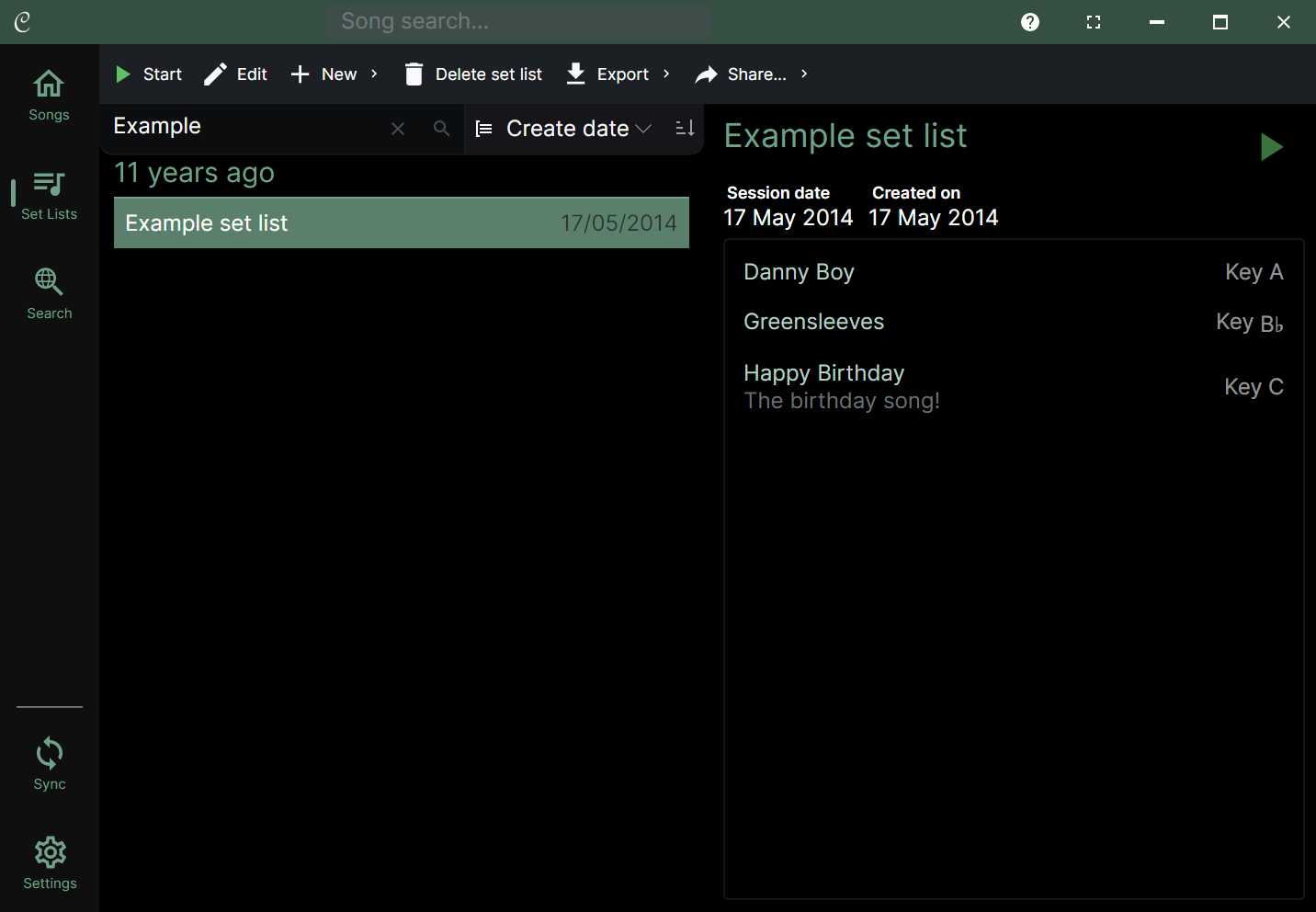 The set list library interface in Chordle displaying a selected example set list and its corresponding songs and musical keys